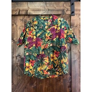 Vintage 90s Toucan Dance Hawaiian Button‎ Up Shirt Women's Medium Floral USA